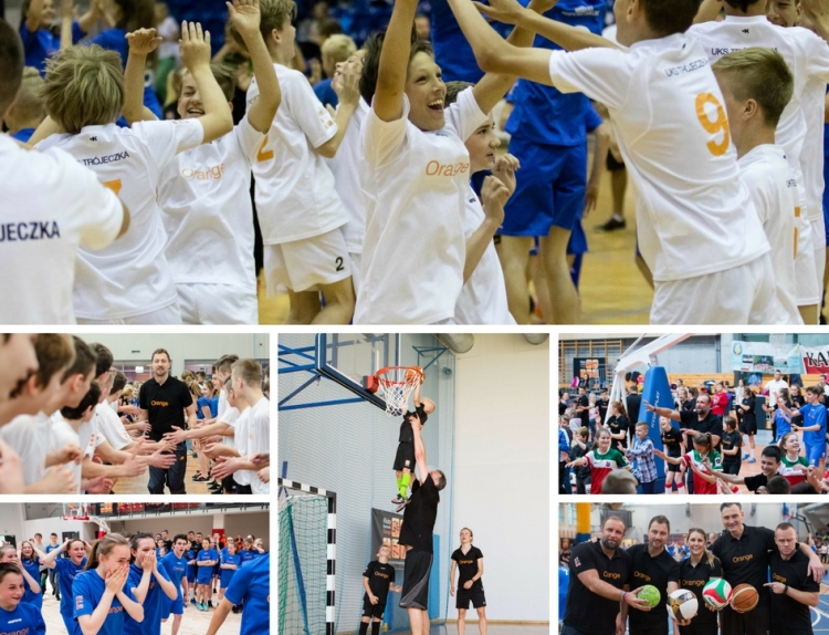Kolaż ze zdjęć z treningów Klubów Sportowych Orange - świczące dzieci, ambasadorowie Programu 