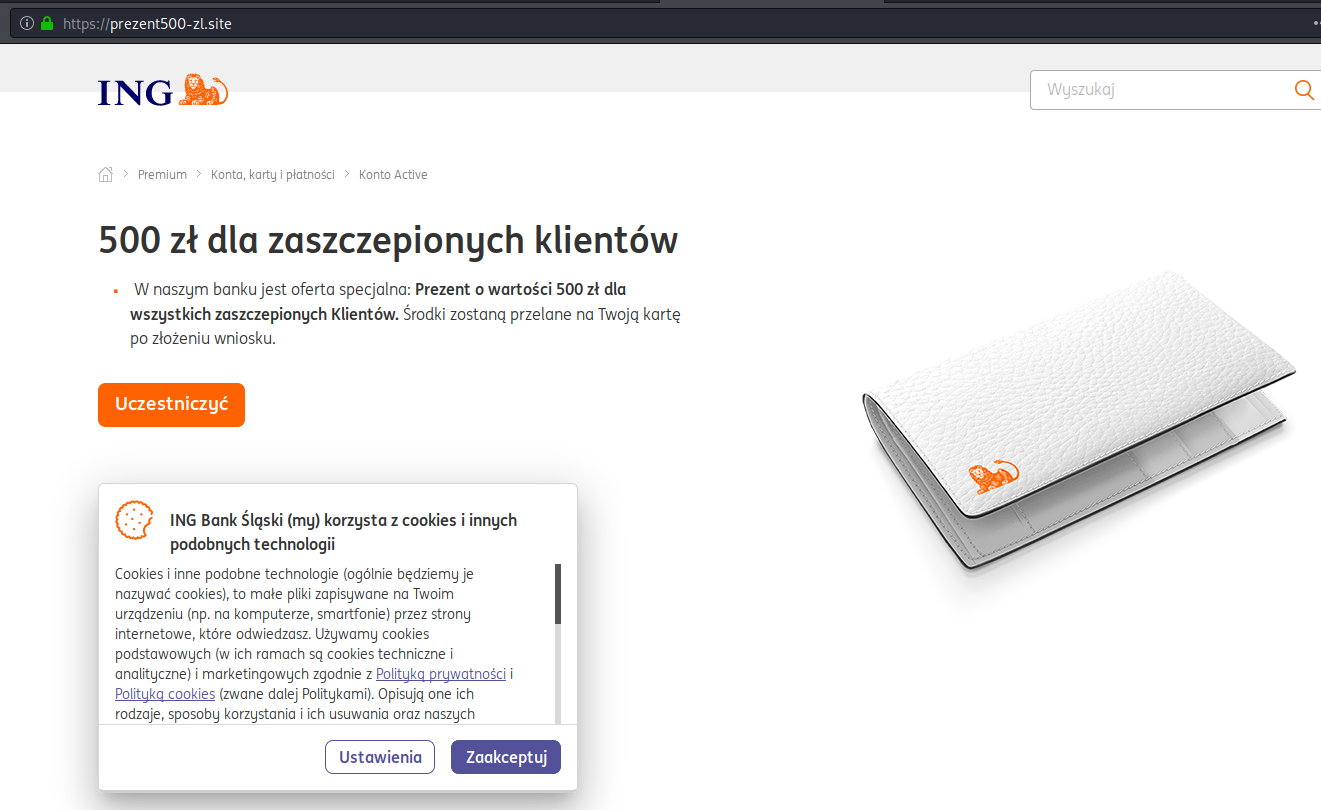 500+ dla zaszczepionych - podróbka strony banku ING